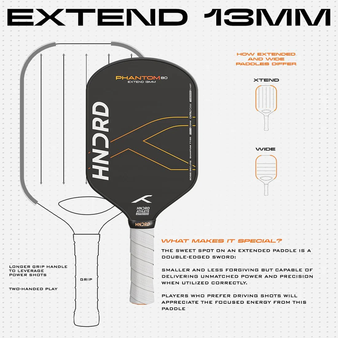 Hundred Phantom 80 Pickleball Paddle | EXTEND | Japanese Raw Carbon Fiber | Black/Orange | Optimized for Control and Spin | Lightweight Paddle with Comfortable Grip