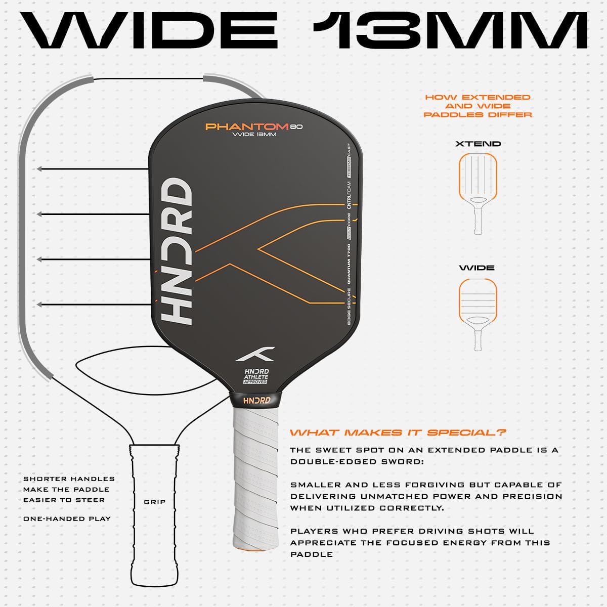 Hundred Phantom 80 Pickleball Paddle | WIDE | USA Approve | Japan Raw Carbon Fiber | 16mm/ 13mm | Black/Orange | Control & Spin Optimized | Lightweight Paddle with Comfort Grip
