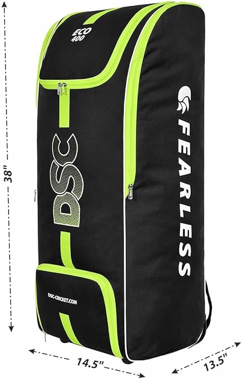 DSC Eco 400 Cricket Kit Bag | Color: Black & Neon Green | Size: 38 x 14.5 x 13.5 inches | for Men & Boys | Material: Polyester | Integrated Shoe Pocket | Padded and Adjustable Shoulder Straps
