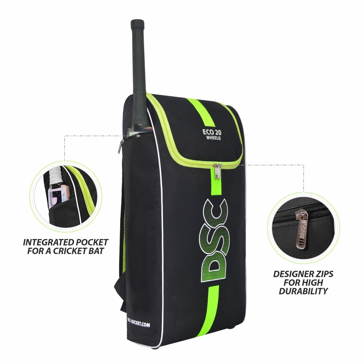 DSC ECO 20 Duffle Cricket Kit Bags | Color: Black-Green | Size: Material: Polyester | Foam Padding for Gear Protection | Mesh Pocket for Accessory Cricket Gear Sports Bag with Wheels
