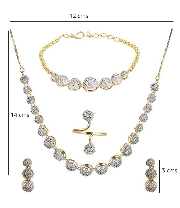 YouBella Crystal Stylish Necklace Jewellery Set | With Earrings, Ring and Bracelet | Gold Plated | Material: Brass | Fashionable Artificial Jewellery | For Women & Girls | Long Lasting Finish