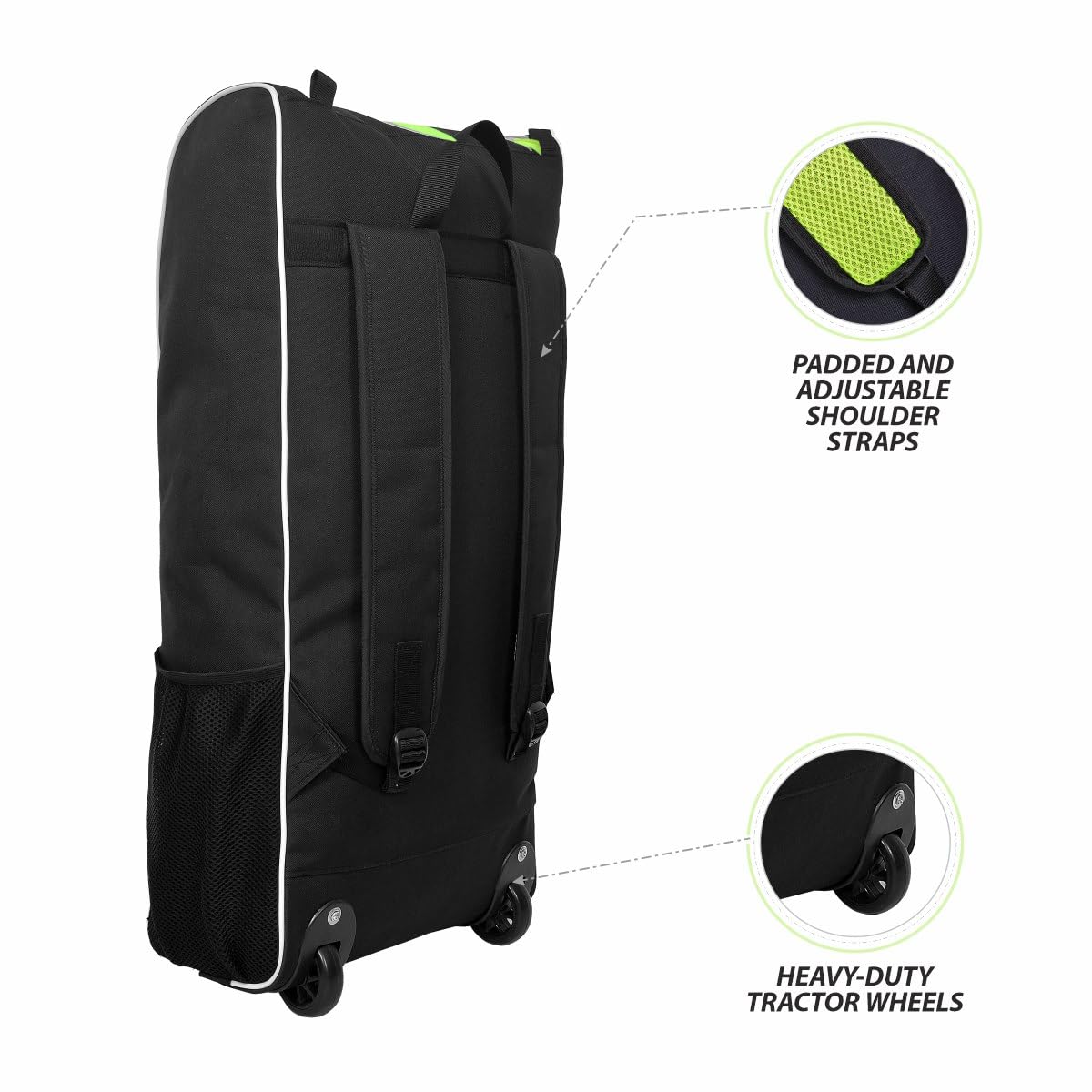 DSC ECO 20 Duffle Cricket Kit Bags | Color: Black-Green | Size: Material: Polyester | Foam Padding for Gear Protection | Mesh Pocket for Accessory Cricket Gear Sports Bag with Wheels