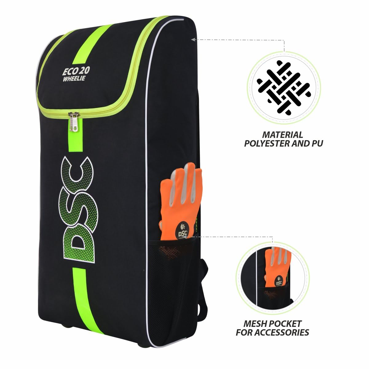 DSC ECO 20 Duffle Cricket Kit Bags | Color: Black-Green | Size: Material: Polyester | Foam Padding for Gear Protection | Mesh Pocket for Accessory Cricket Gear Sports Bag with Wheels