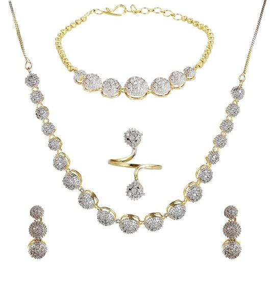 YouBella Crystal Stylish Necklace Jewellery Set | With Earrings, Ring and Bracelet | Gold Plated | Material: Brass | Fashionable Artificial Jewellery | For Women & Girls | Long Lasting Finish