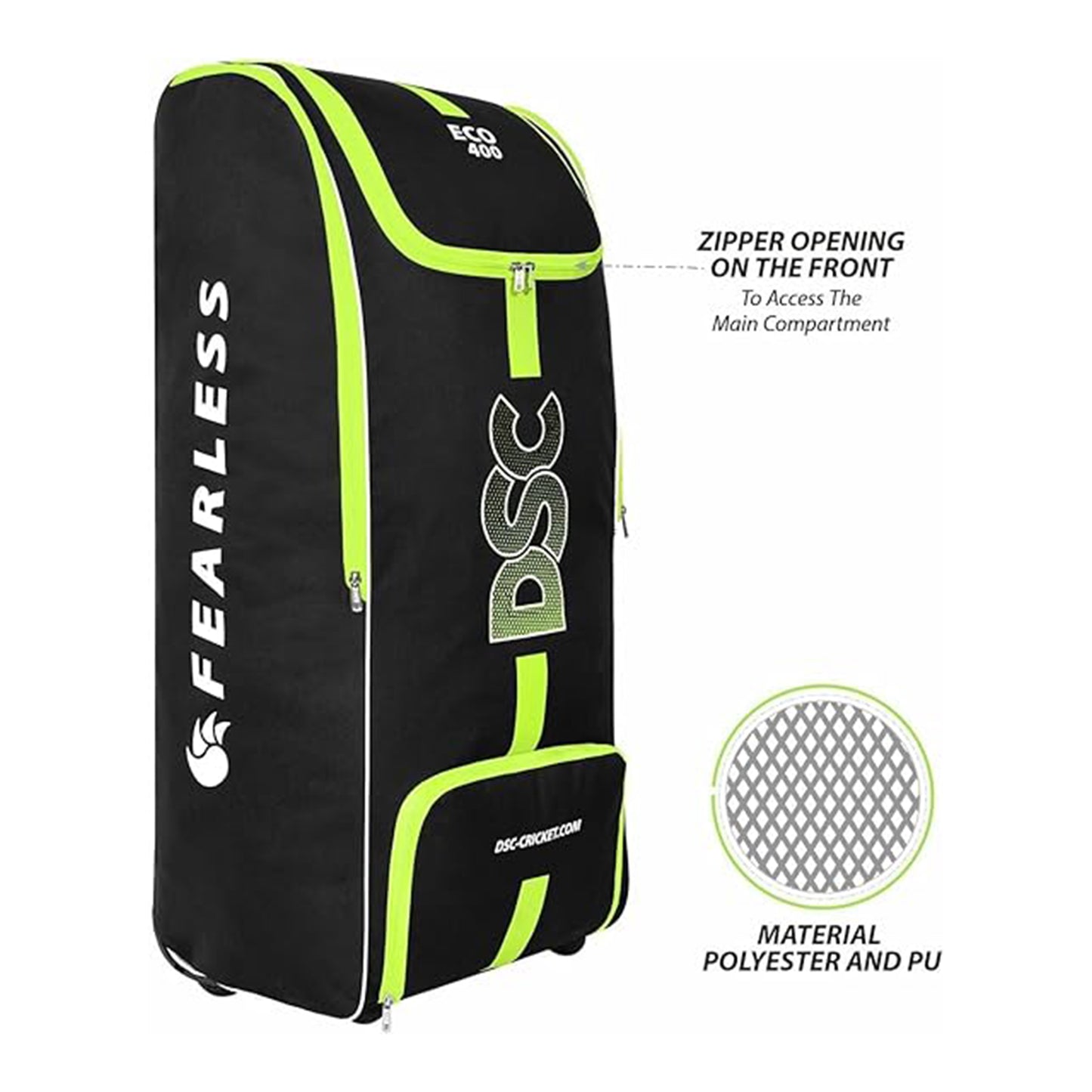 DSC Eco 400 Cricket Kit Bag | Color: Black & Neon Green | Size: 38 x 14.5 x 13.5 inches | for Men & Boys | Material: Polyester | Integrated Shoe Pocket | Padded and Adjustable Shoulder Straps