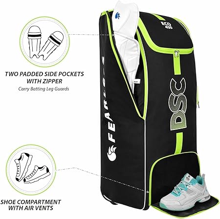 DSC Eco 400 Cricket Kit Bag | Color: Black & Neon Green | Size: 38 x 14.5 x 13.5 inches | for Men & Boys | Material: Polyester | Integrated Shoe Pocket | Padded and Adjustable Shoulder Straps