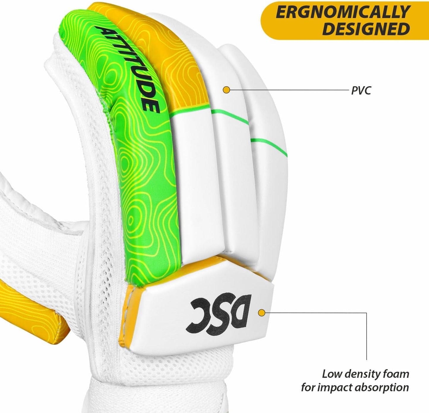DSC Attitude Cricket Batting Gloves, Size - Boys, Left Hand, Color - Green/Yellow