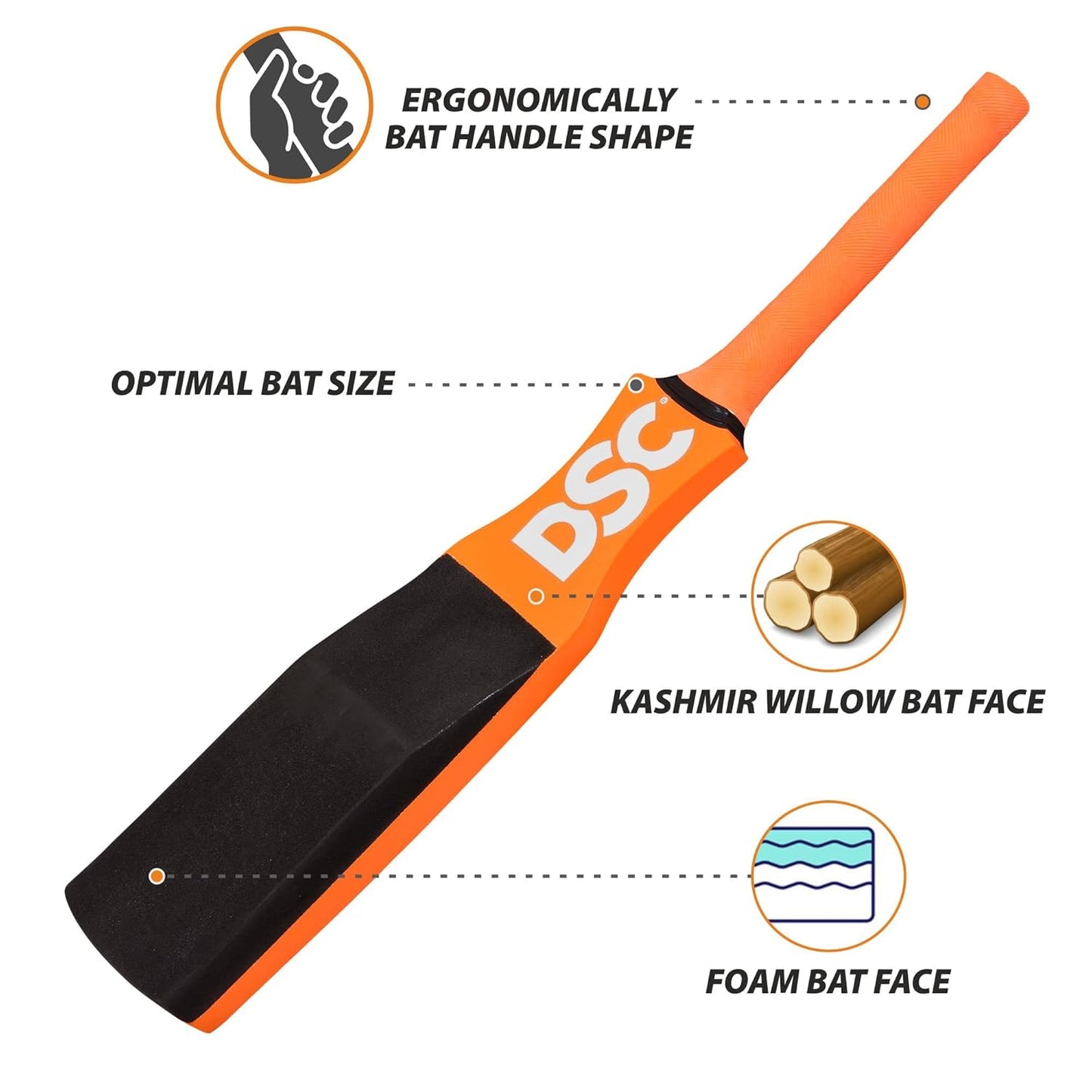 DSC Wood Catching Poplar Willow Practice Bat with Foam Base for Catching and Fielding Practice - Orange (Catch Bat - Orange)