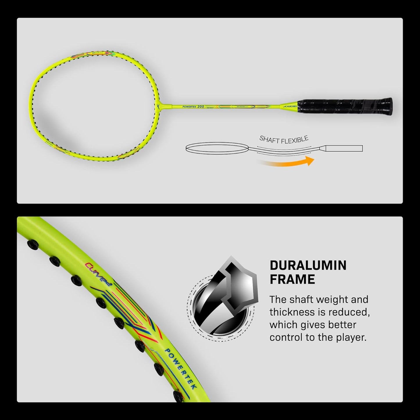 HUNDRED POWERTEK 200 Badminton Racket with Full Cover (95g, Neon Green)