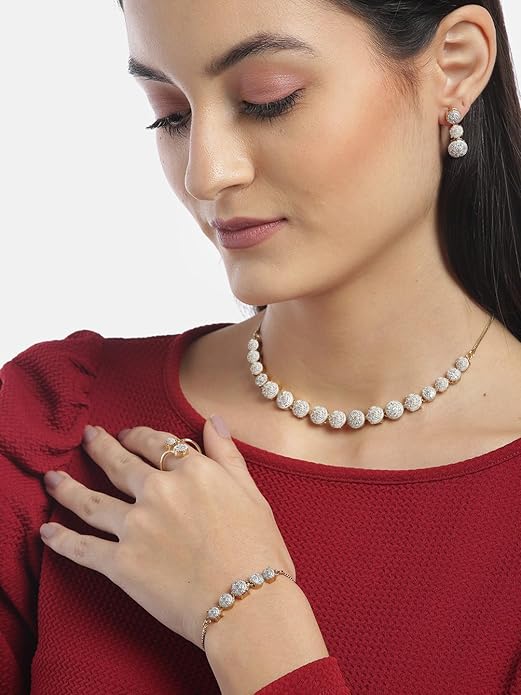YouBella Crystal Stylish Necklace Jewellery Set | With Earrings, Ring and Bracelet | Gold Plated | Material: Brass | Fashionable Artificial Jewellery | For Women & Girls | Long Lasting Finish