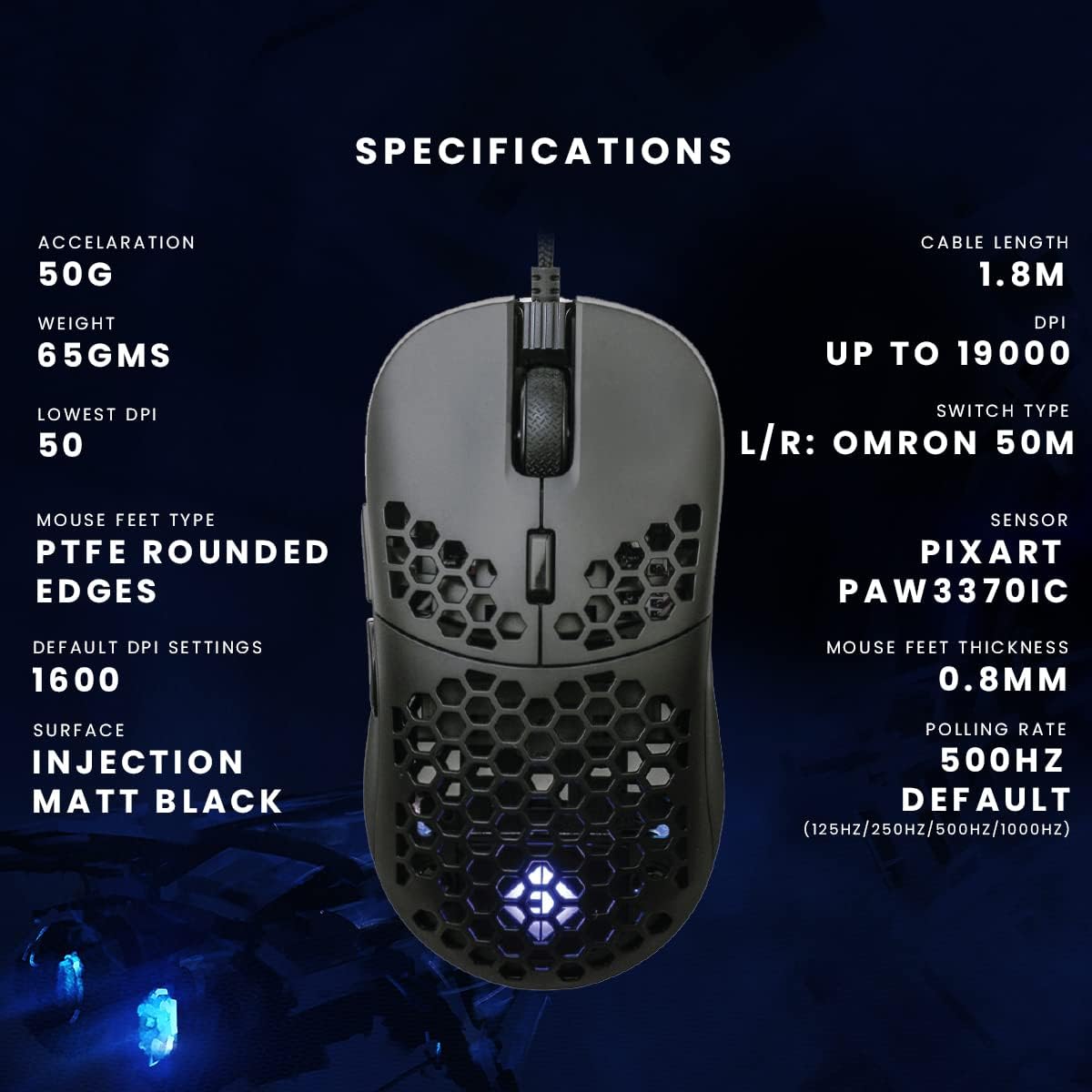 Cosmic Byte Kilonova 3370IC PRO X-Light Wired Gaming Mouse, 65 Grams, Pixart 3370 Sensor, DIY Hot-swappable Switches, 0.8MM PTFE feet, Adjustable Debounce Rate, Adjustable LOD,Software (Black)