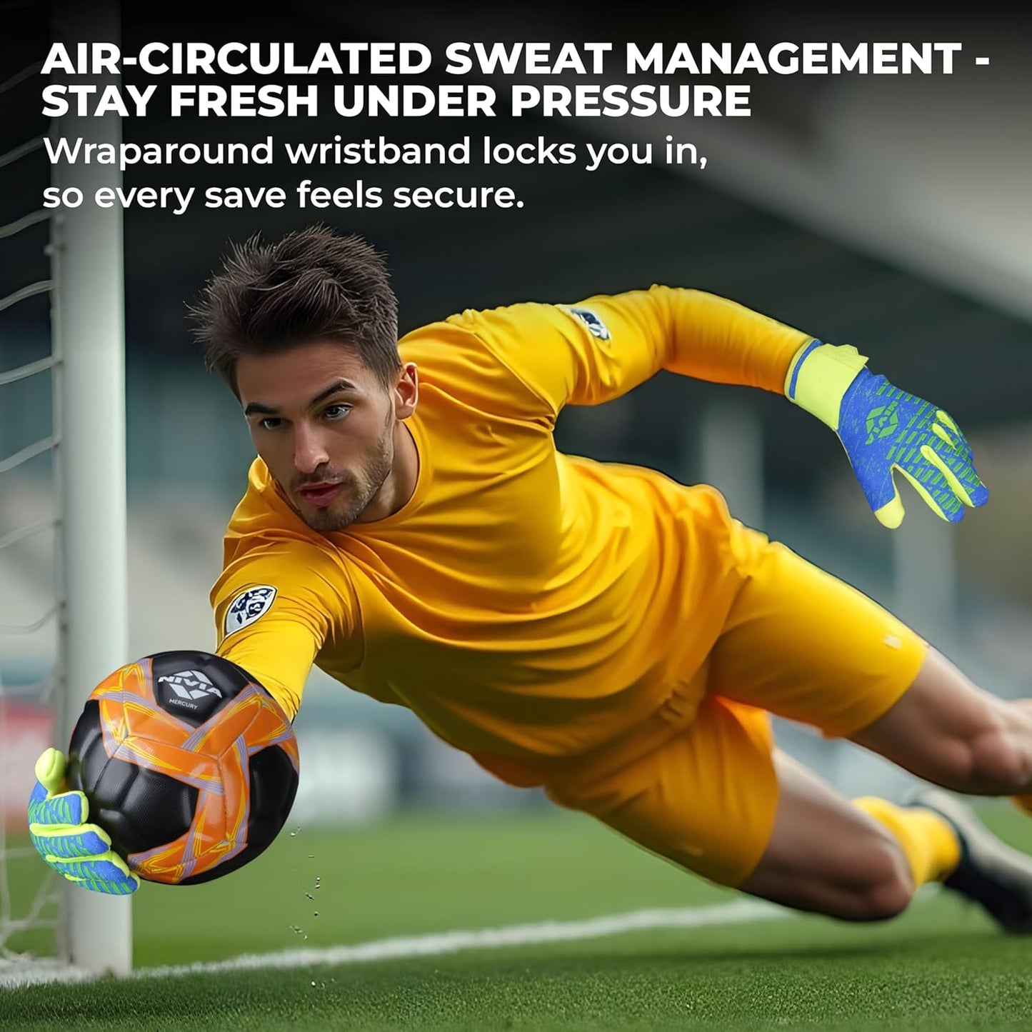 NIVIA Latex Ashtang Goalkeeper Gloves, Large (SkyBlue/F.Green)