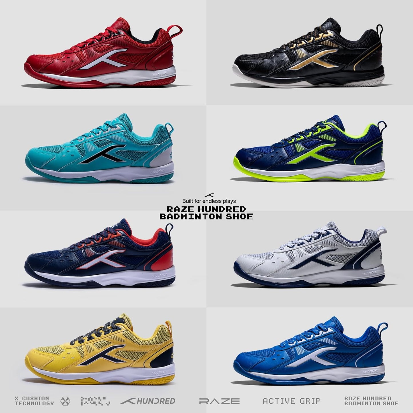 Hundred RAZE Badminton Shoe | Mens and Boys | Non-Marking Shoe | Court Shoe | For Badminton, Squash, Tennis Players | X-Cushion, Active Grip Sole, Toe Assist