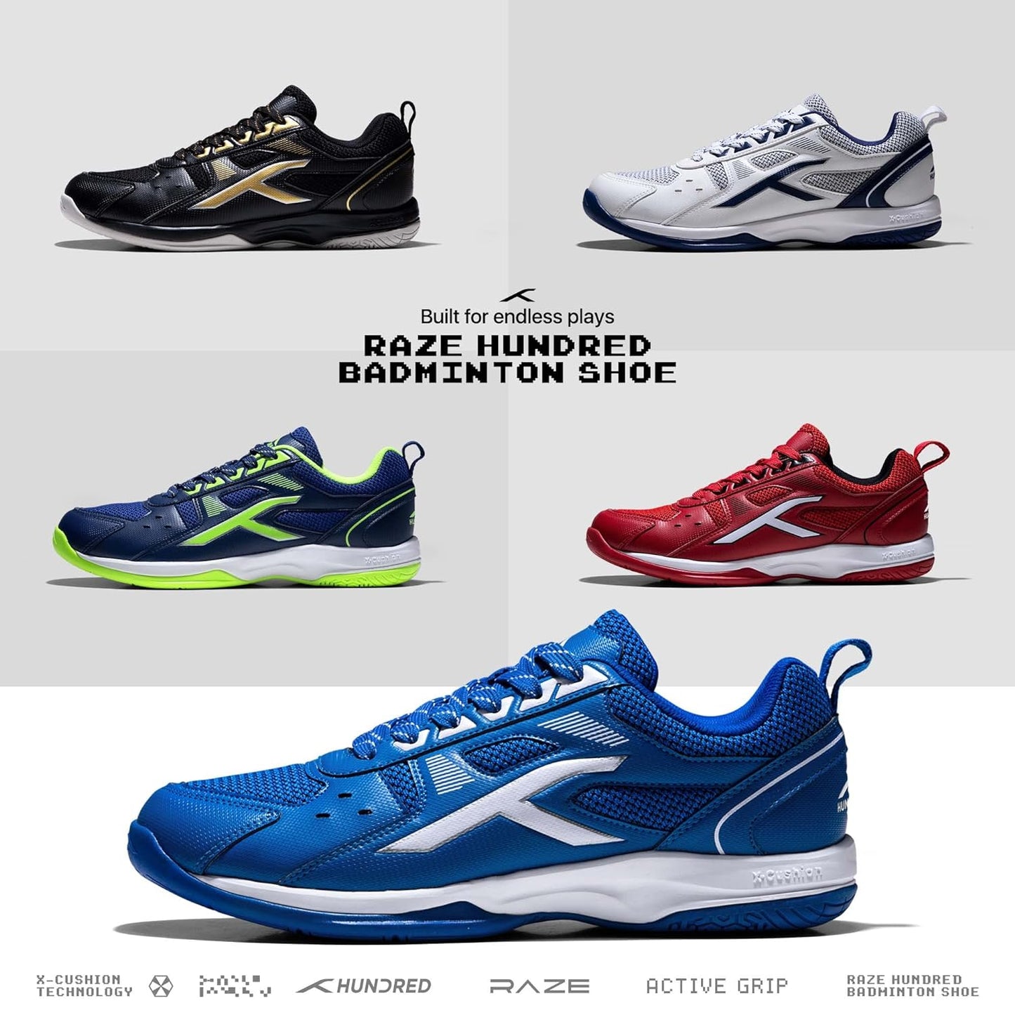 Hundred RAZE Badminton Shoe | Mens and Boys | Non-Marking Shoe | Court Shoe | For Badminton, Squash, Tennis Players | X-Cushion, Active Grip Sole, Toe Assist