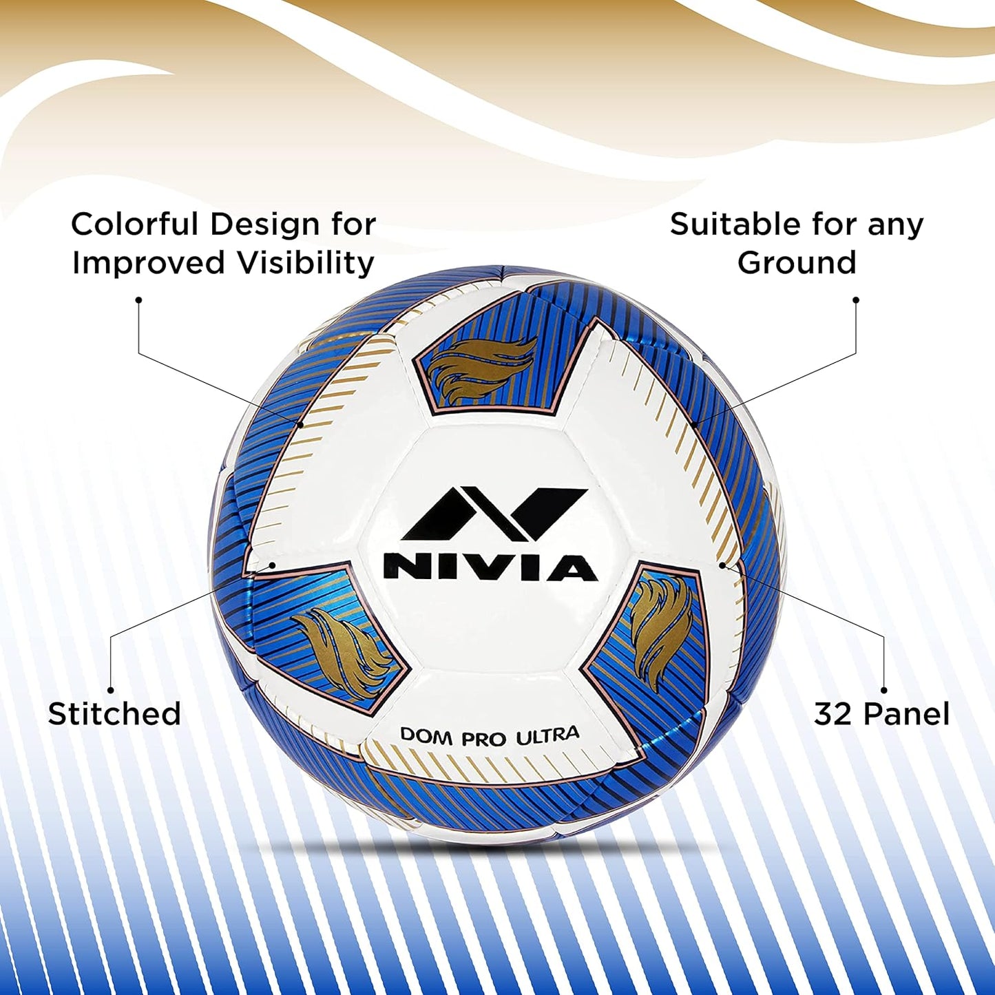 NIVIA Dom Football | Material: Polyvinyl Chloride (PVC) | Inflating Needle | Air Retention | 32 Panel | Suitable For Grassy Grounds | For Men and Women | Futsal Ball (Blue) Size-5