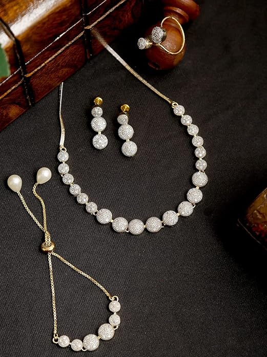 YouBella Crystal Stylish Necklace Jewellery Set | With Earrings, Ring and Bracelet | Gold Plated | Material: Brass | Fashionable Artificial Jewellery | For Women & Girls | Long Lasting Finish