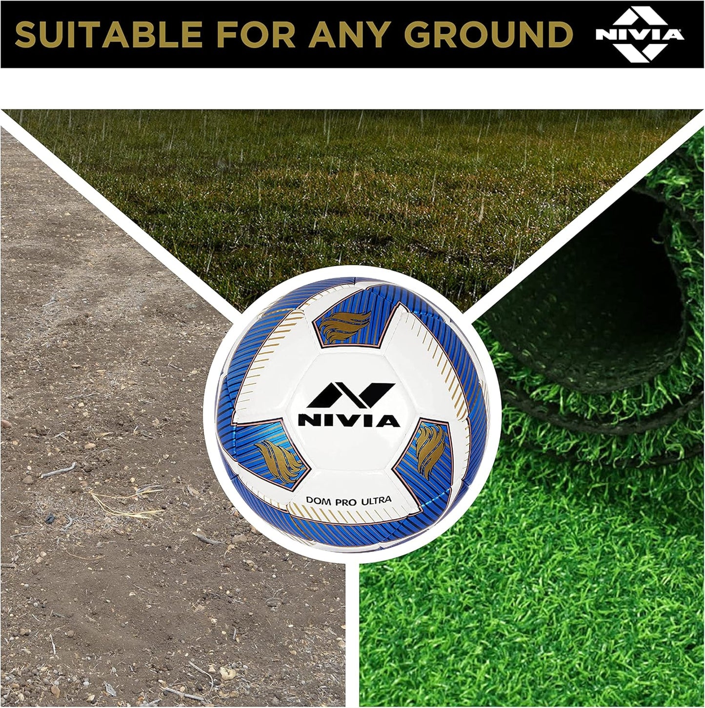NIVIA Dom Football | Material: Polyvinyl Chloride (PVC) | Inflating Needle | Air Retention | 32 Panel | Suitable For Grassy Grounds | For Men and Women | Futsal Ball (Blue) Size-5