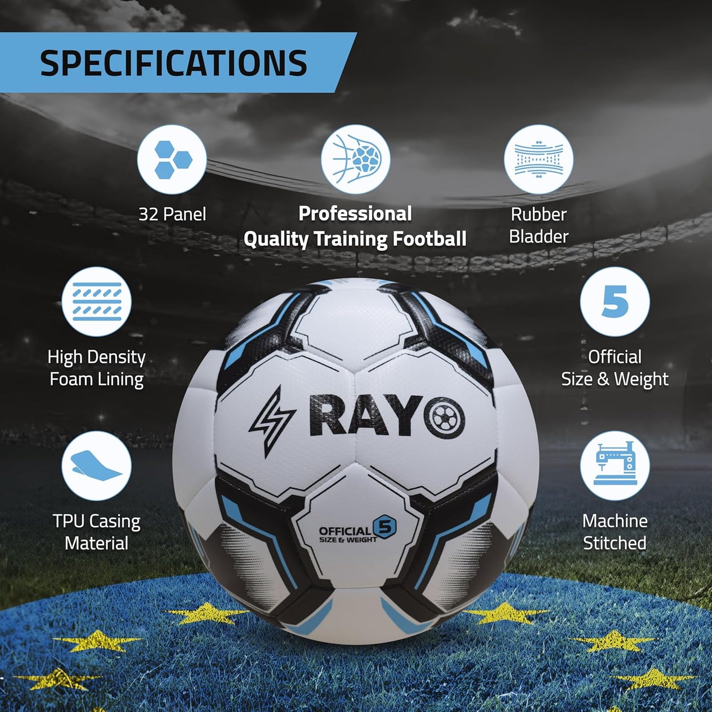 Rayo Striker 32 Panel Machine Stitched Football of Size 5 | Material: TPU | Multicoloured | for Training in Clubs, Leagues and Academies Level Professional Matches
