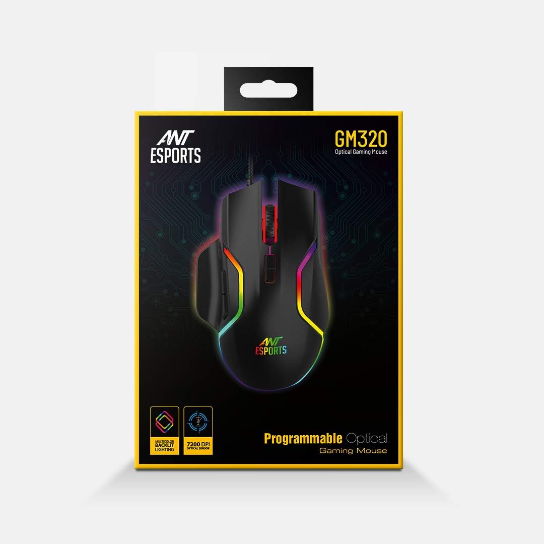Ant Esports GM320 RGB Optical Wired Gaming Mouse | Ambidextrous Design | 8 Programmable Buttons | Adjustable DPI up to 12800 | RGB Lighting | Rapid-Fire Button