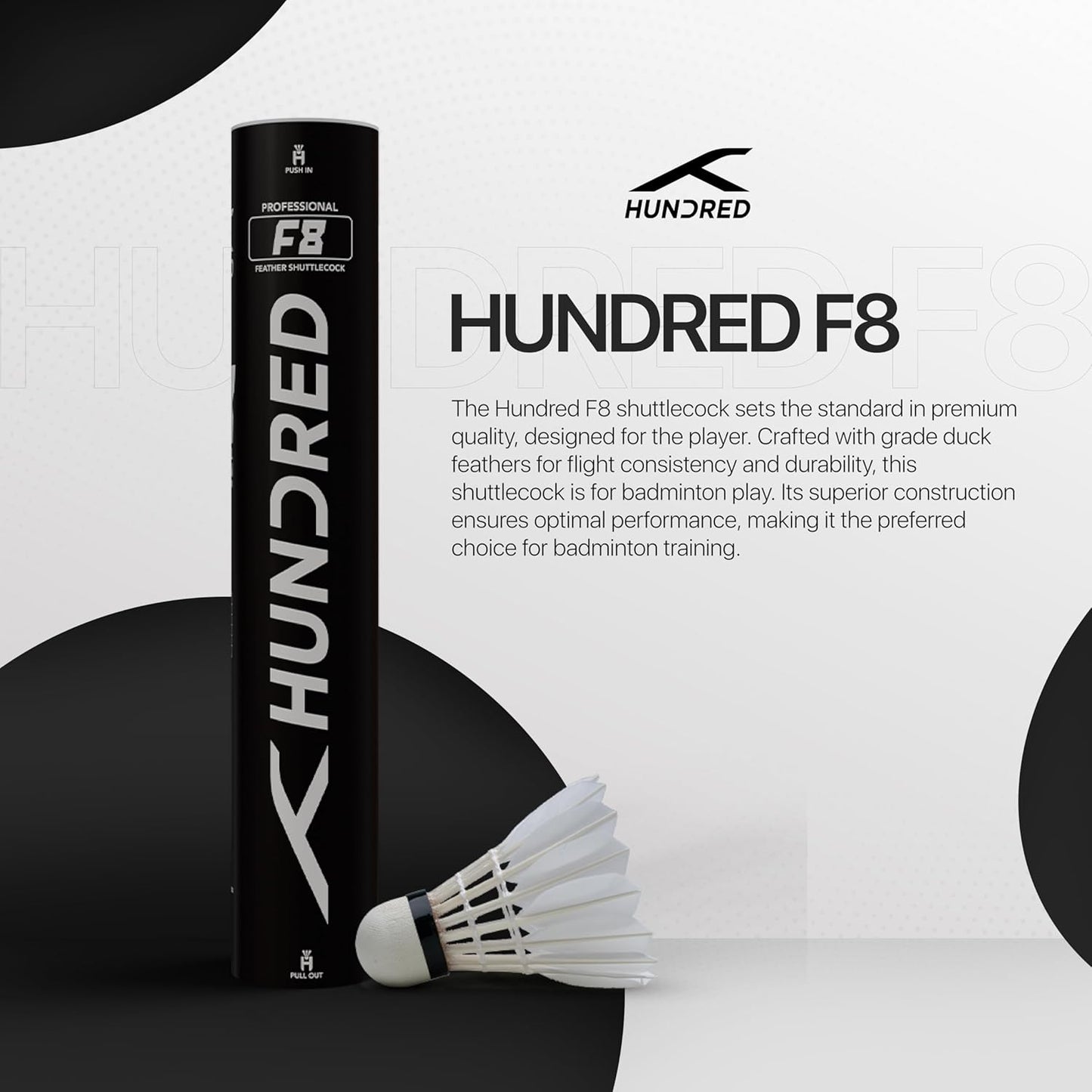 HUNDRED F8 Feather Shuttlecock | Speed 77 | Colour: White | Japanese Premium Adhesive | Material: Duck Feather | Pack of 10 | Pure Cotton Threading