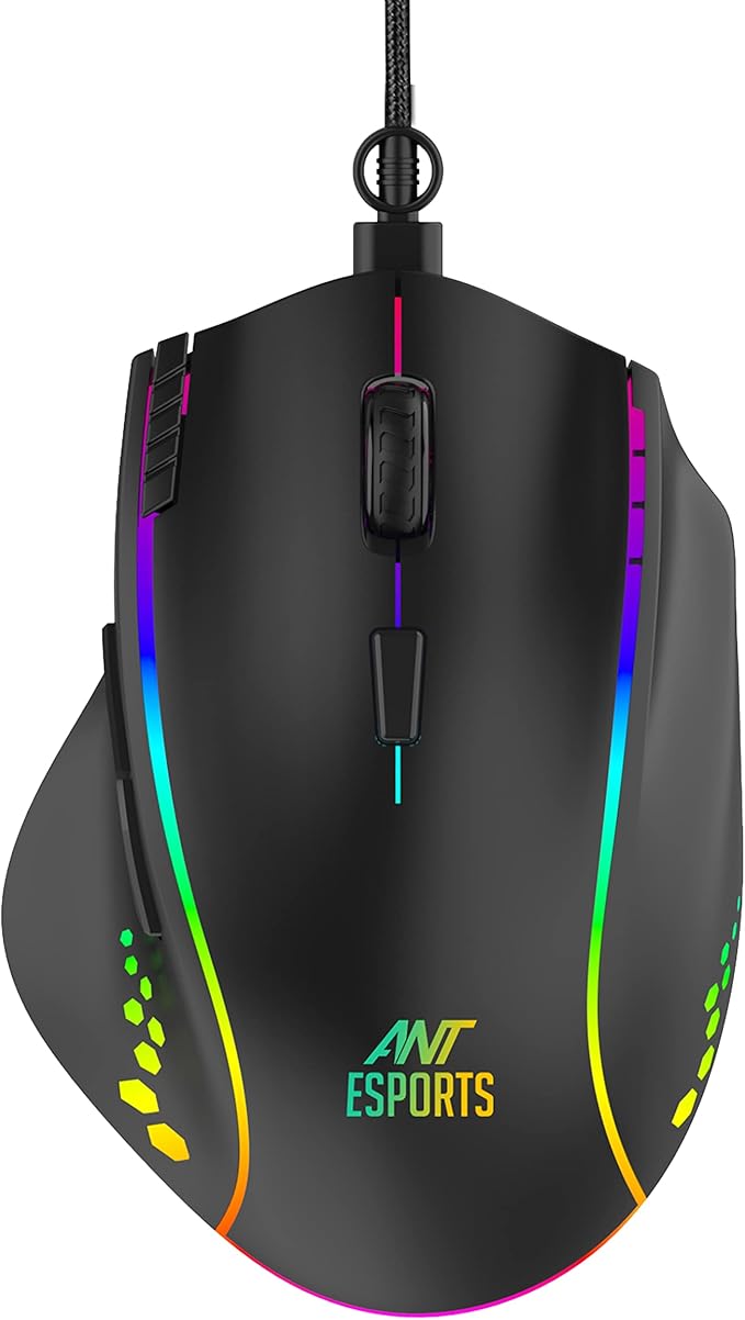 Ant Esports GM600 RGB Wired Programmable Gaming Mouse 7200 DPI Optical Sensor HUANO Mouse Switches 7-Button Design with Macros Support