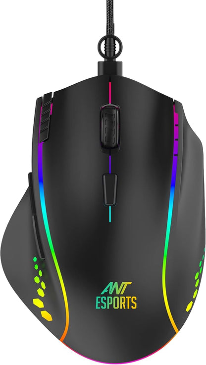 Ant Esports GM600 RGB Wired Programmable Gaming Mouse 7200 DPI Optical Sensor HUANO Mouse Switches 7-Button Design with Macros Support