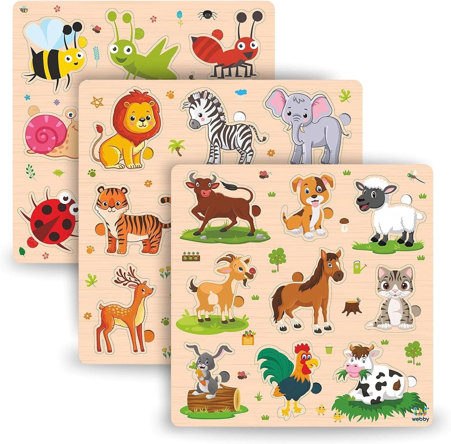 Webby Wooden Educational Puzzles for Kids 3+ – Learn About Animals, Farm Animals & Insects | Montessori Preschool Learning Toy pack of 3