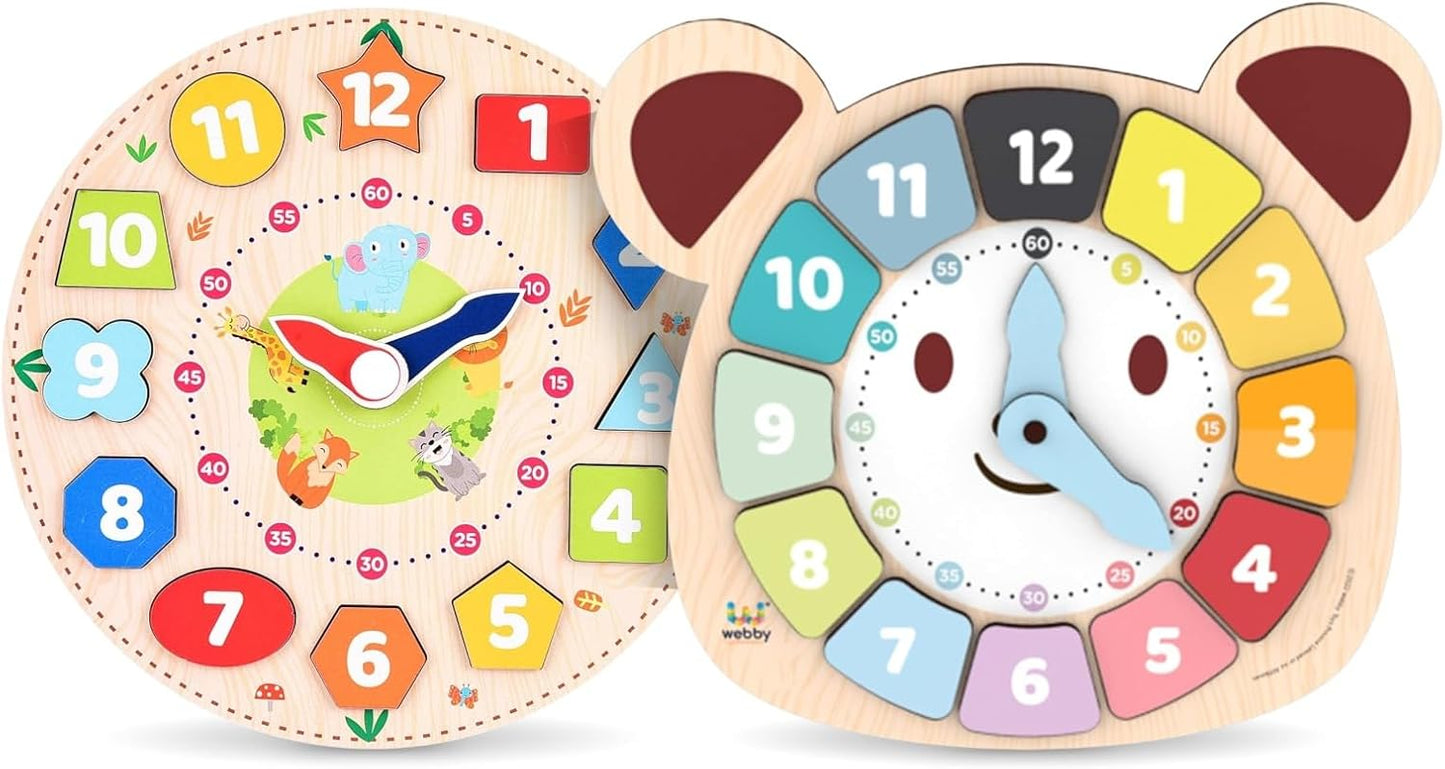 Webby Wooden Educational Learning Clock Toys for Kids – Teach Time, Shapes & Colours | Montessori Early Learning Toy | Fun Educational Gift for Toddlers & Preschoolers pack of 2
