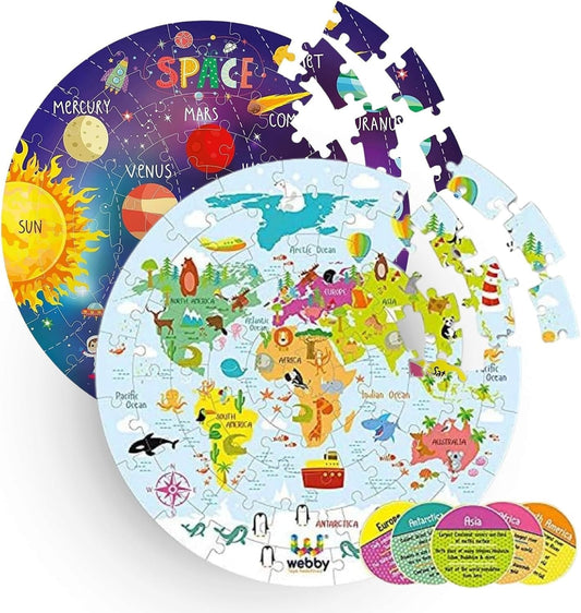 Webby 60-Piece Wooden Jigsaw Floor Puzzle Set with Flashcards – Solar System & World Map Learning Toys for Kids | Educational Gift for 3+ Years pack of 2