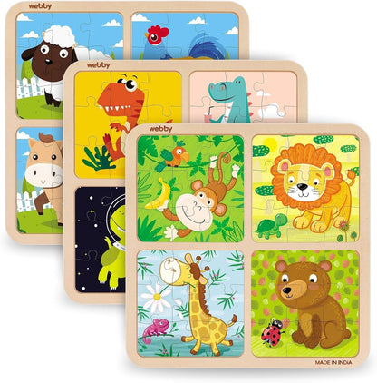 Webby 4-in-1 Educational Wooden Puzzle Set for Kids – 36 Pieces Learning Toy with Wild Animals, Farm Animals & Dinosaurs | Fun Montessori Gift for 3+ Years pack of 3