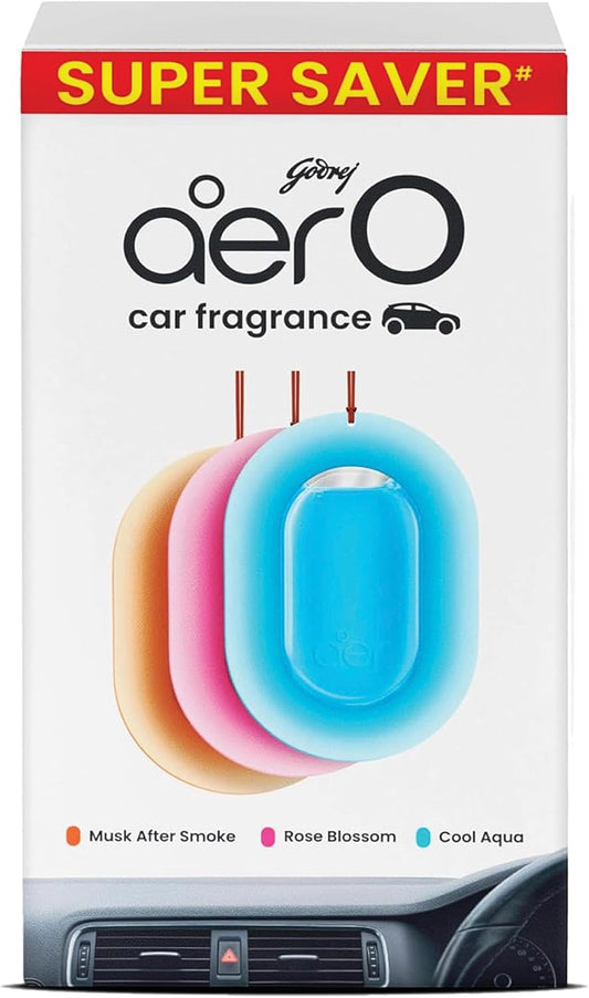 Godrej Aer O Hanging Car Air Freshener | Assorted Pack of 3 | Cool Aqua, Must After Smoke, Rose Blossom