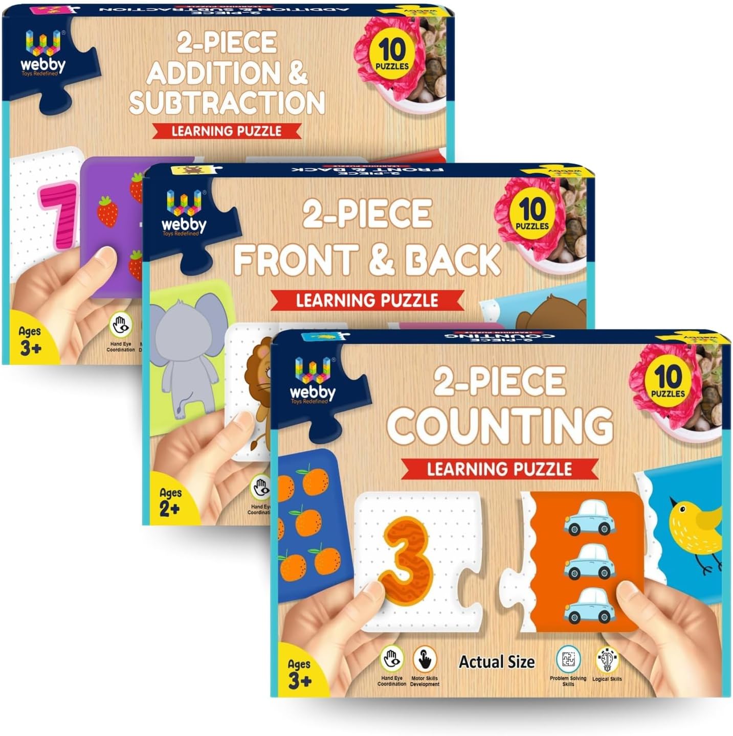 Webby 2-Piece Learning Pack Jigsaw Puzzles for Kids – Educational Addition, Subtraction, Counting & Front-Back Matching Toys pack of 3