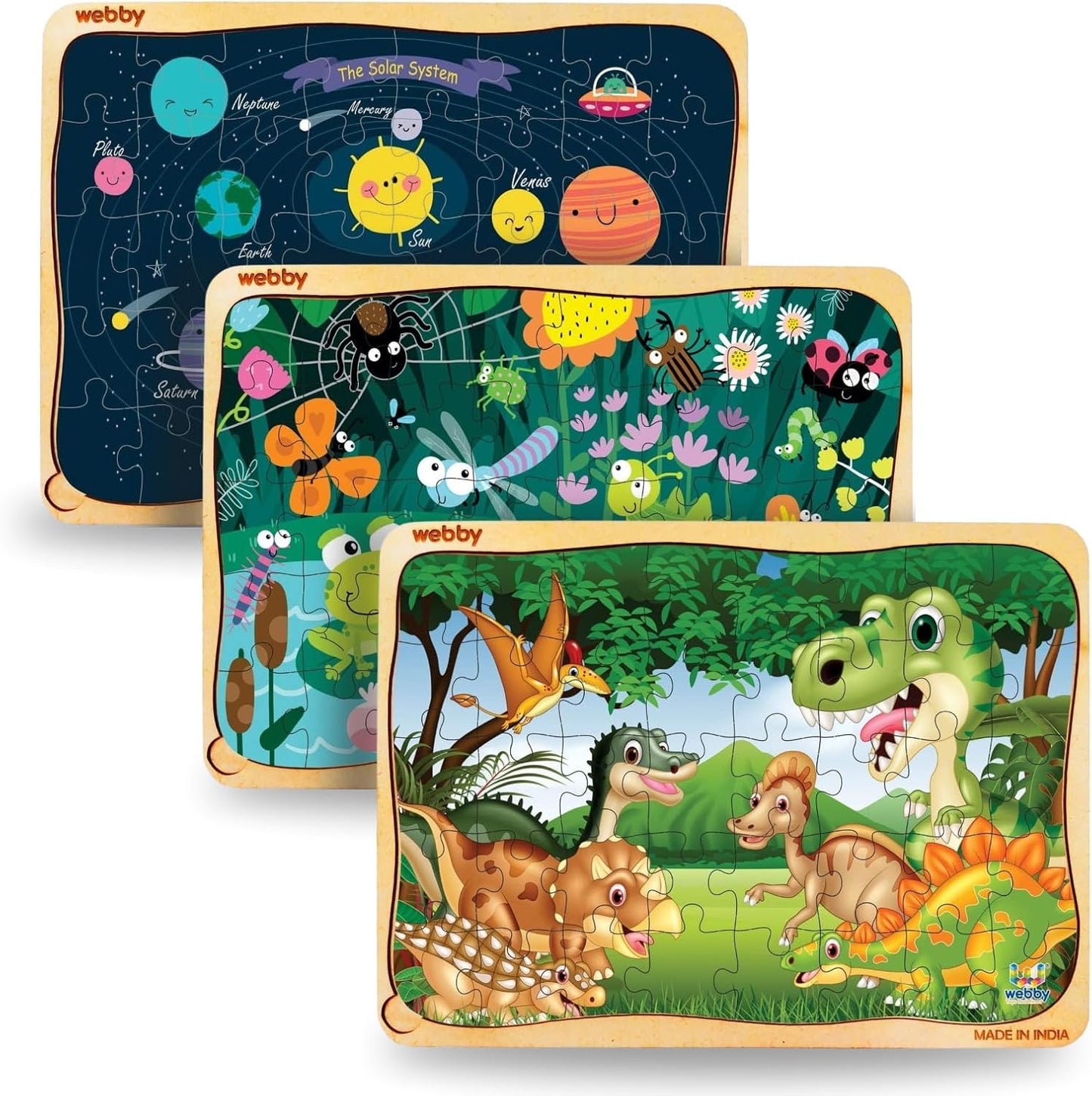 Webby Wooden Floor Puzzles for Kids – Explore Solar System, Amazing Bugs & Dinosaurs in Jungle | 40 Pcs Educational Learning Toy for 3+ Years pack of 3