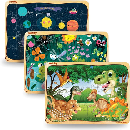 Webby Wooden Floor Puzzles for Kids – Explore Solar System, Amazing Bugs & Dinosaurs in Jungle | 40 Pcs Educational Learning Toy for 3+ Years pack of 3