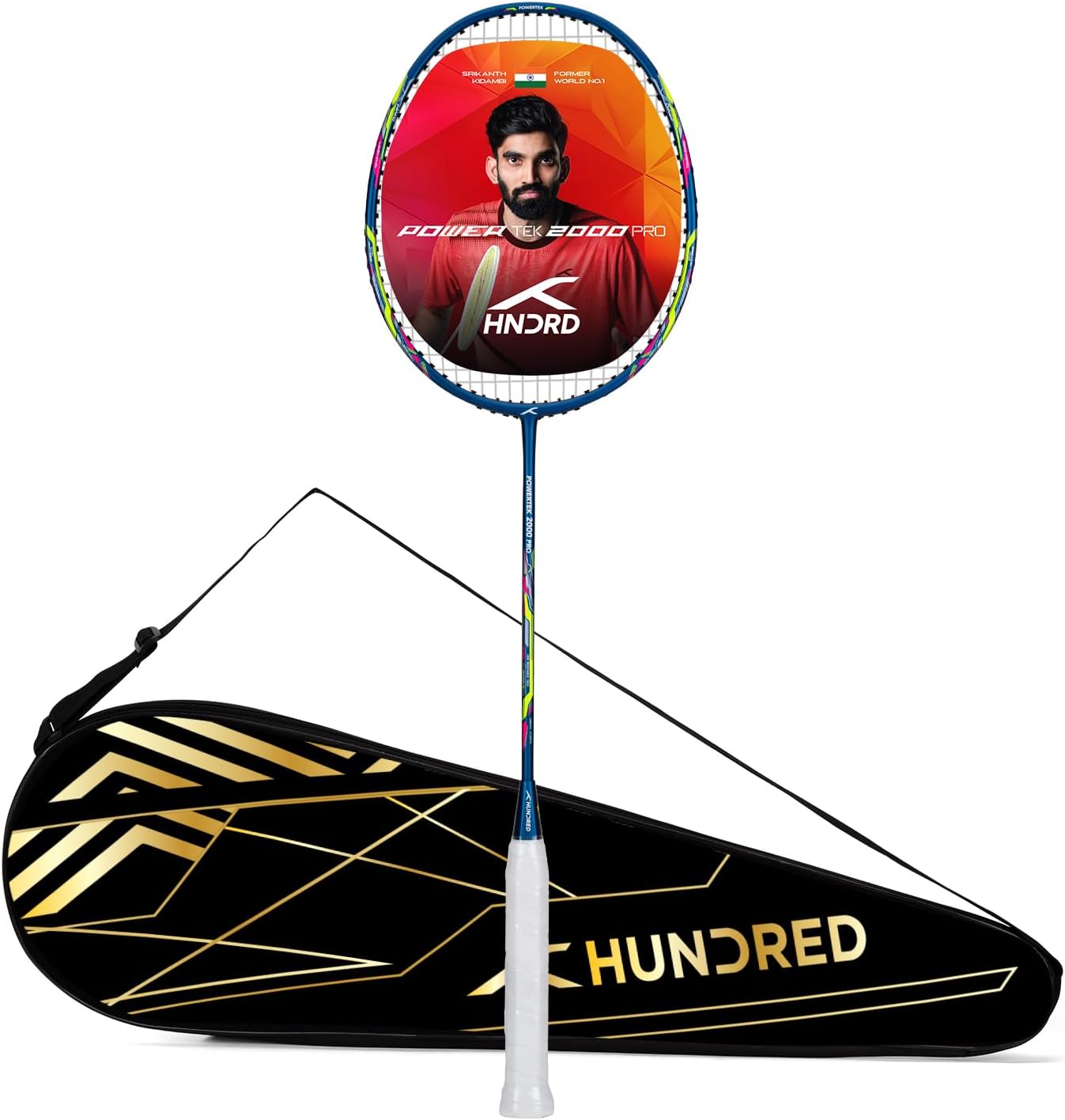 HUNDRED Powertek 2000 PRO Graphite Strung Badminton Racket with Full Racket Cover | For Intermediate Players | Weight: 90 grams | Maximum String Tension