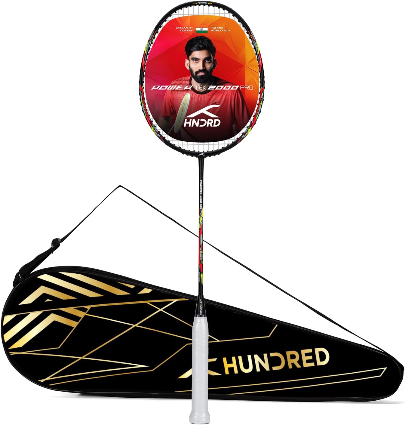 HUNDRED Powertek 2000 PRO Graphite Strung Badminton Racket with Full Racket Cover | For Intermediate Players | Weight: 90 grams | Maximum String Tension