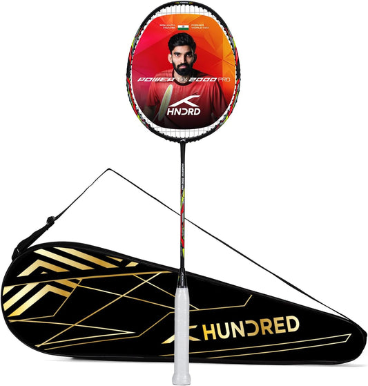 HUNDRED Powertek 2000 PRO Graphite Strung Badminton Racket with Full Racket Cover | For Intermediate Players | Weight: 90 grams | Maximum String Tension