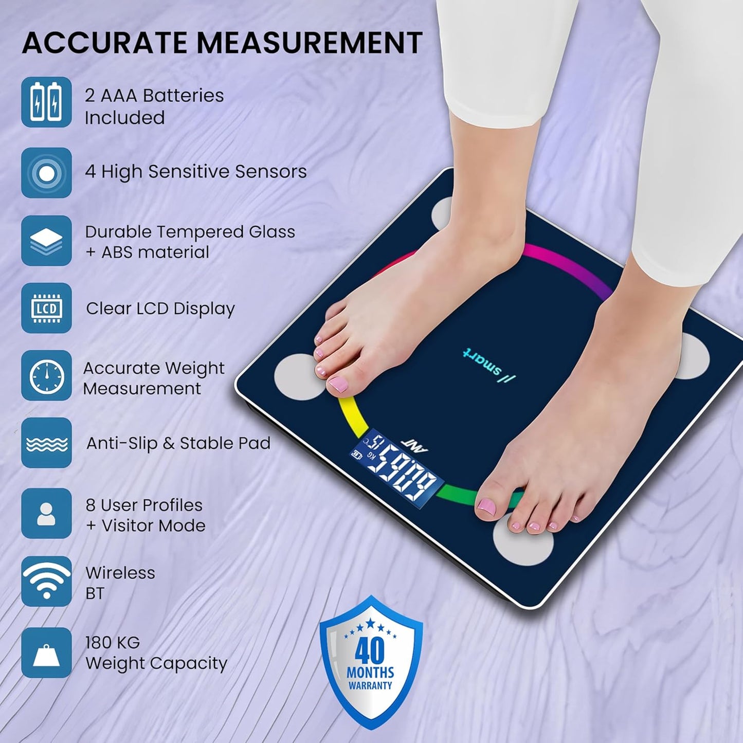 Ant Esports Flora Smart Scale for Body Weight and Fat, Digital Bathroom Scale Accurate to 0.1kg Weighing Machine for People’s Muscle BMI, Bluetooth Electronic Body Composition Monitor, 180Kg – Black
