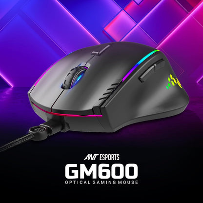 Ant Esports GM600 RGB Wired Programmable Gaming Mouse 7200 DPI Optical Sensor HUANO Mouse Switches 7-Button Design with Macros Support