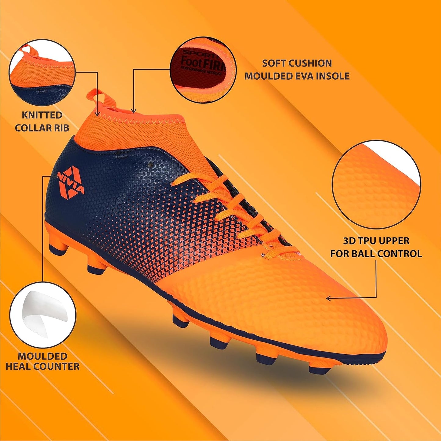Nivia Ashtang Football Shoes (Black/Orange, 3 UK/ 4 US / 37 EU) | Synthetic Leather | PVC sole | Lace-Fastening | Padded Footbed