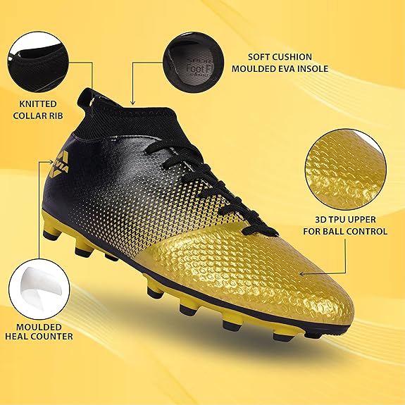 Nivia Ashtang Football Shoes (Black/Gold, 9 UK/ 10 US / 43 EU) | Synthetic Leather | PVC sole | Lace-Fastening | Padded Footbed