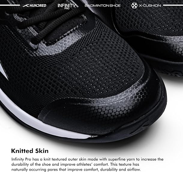 HUNDRED Infinity Pro Non-Marking Professional Badminton Shoe for Men (Black/White, EU 41/UK 7/US 8) | Material: Polyester/Mesh | Suitable for Indoor Tennis/Squash/Table Tennis/Basketball & Padel