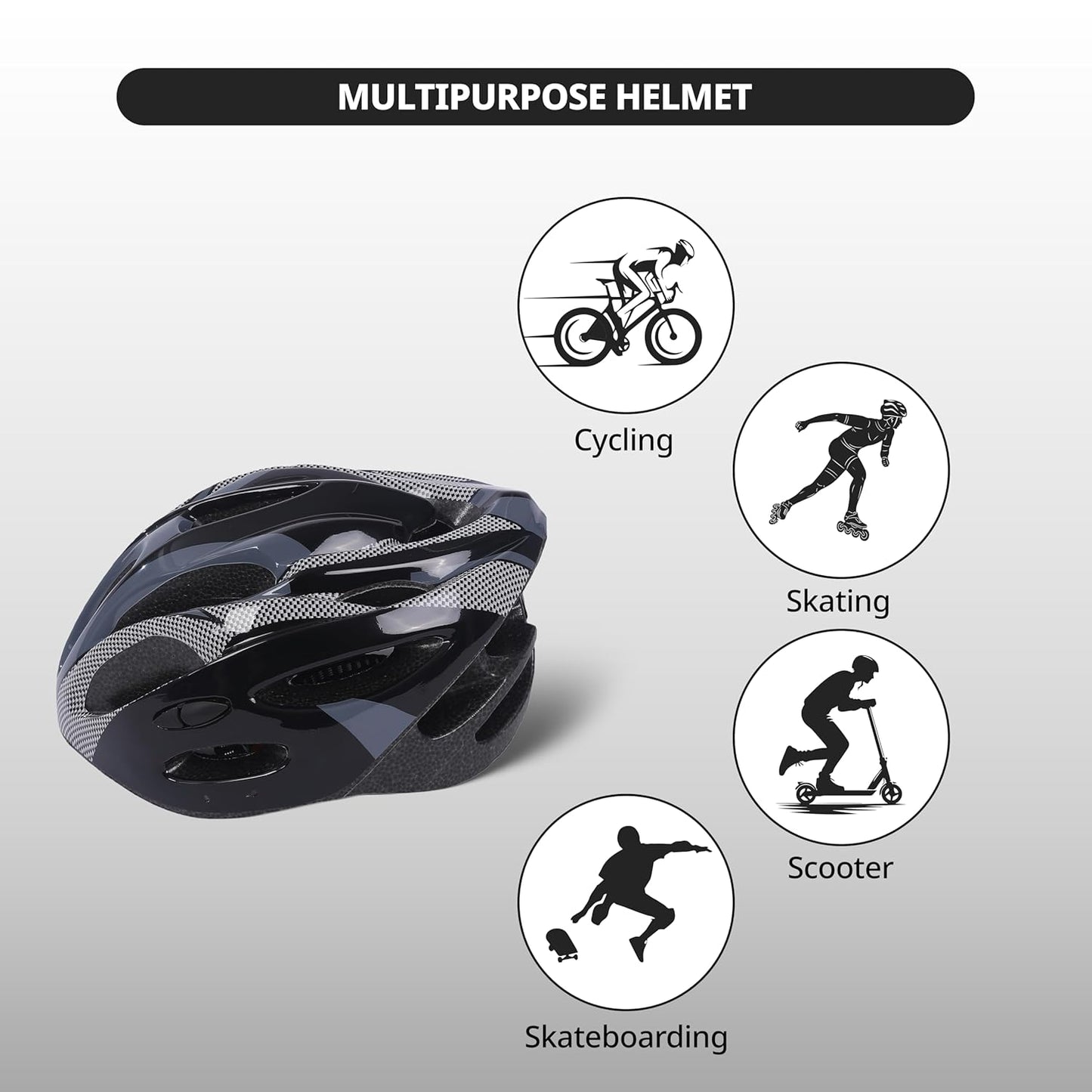 Endless EL1049 Cycle and Skates Helmet with Adjustable Strap | Carbon Grey | Material : Polycarbonate, EPS | With Inside Cushioning Padding for Comfort | For Adults, Women and Men