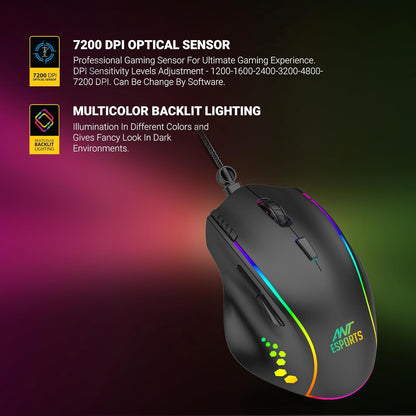 Ant Esports GM600 RGB Wired Programmable Gaming Mouse 7200 DPI Optical Sensor HUANO Mouse Switches 7-Button Design with Macros Support
