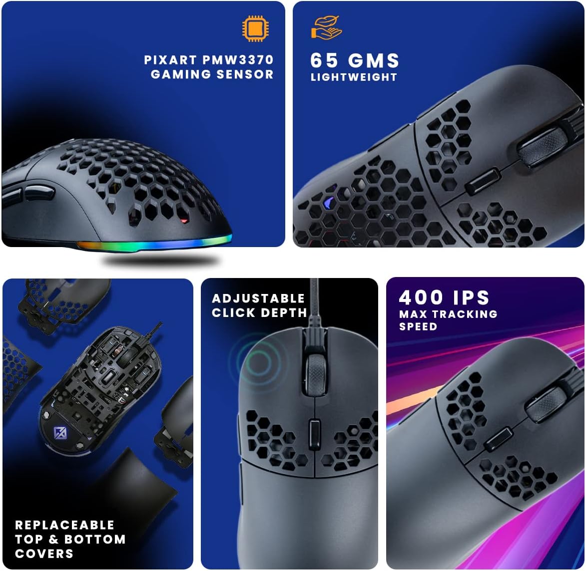 Cosmic Byte Kilonova 3370IC PRO X-Light Wired Gaming Mouse, 65 Grams, Pixart 3370 Sensor, DIY Hot-swappable Switches, 0.8MM PTFE feet, Adjustable Debounce Rate, Adjustable LOD,Software (Black)