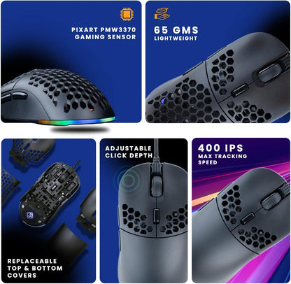 Cosmic Byte Kilonova 3370IC PRO X-Light Wired Gaming Mouse, 65 Grams, Pixart 3370 Sensor, DIY Hot-swappable Switches, 0.8MM PTFE feet, Adjustable Debounce Rate, Adjustable LOD,Software (Black)