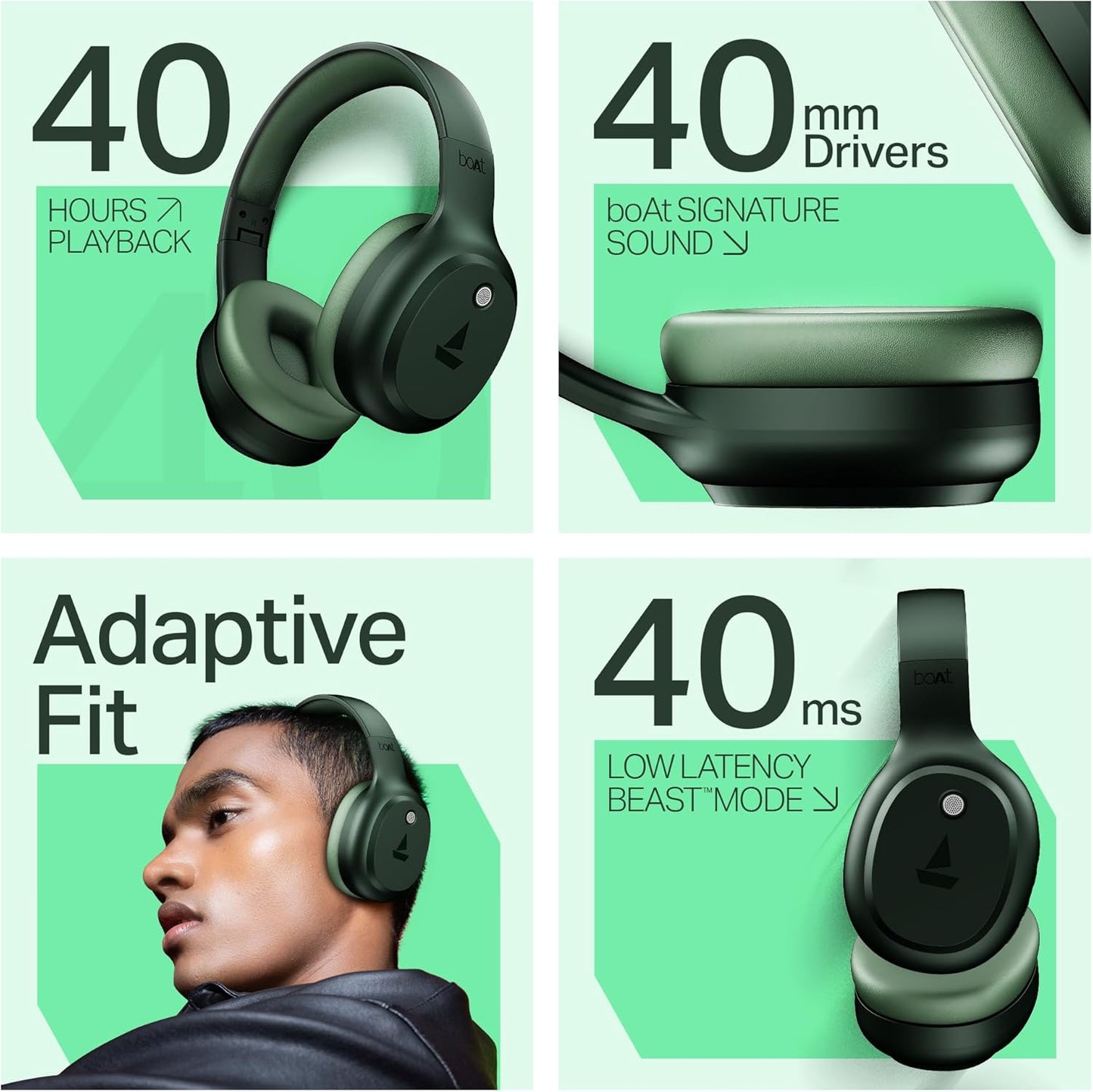 boAt Rockerz 421 Wireless Over-Ear Headphones with 40H Battery Life, Low Latency (40ms) for Gaming, 40mm Drivers, ENx Tech Mic for Clear Calls, Bluetooth v5.4, Integrated Controls (Sage Green)
