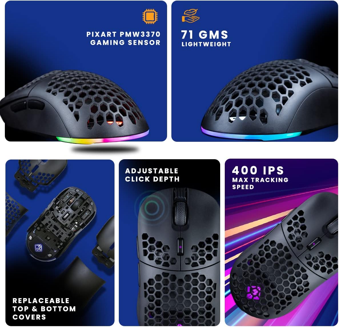 Cosmic Byte Kilonova 3370IC PRO X-Light Wireless Gaming Mouse, 71 Grams Lightweight, Pixart 3370 Sensor, DIY Hot-swappable Switches, 0.8MM PTFE feet (Black)