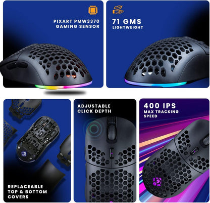 Cosmic Byte Kilonova 3370IC PRO X-Light Wireless Gaming Mouse, 71 Grams Lightweight, Pixart 3370 Sensor, DIY Hot-swappable Switches, 0.8MM PTFE feet (Black)