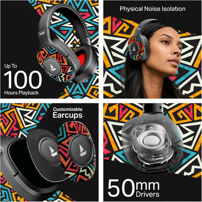 boAt Rockerz 550 Plus Wireless Bluetooth Headphones | 100H Battery, 50mm Drivers, Dual Pairing, Customizable Earcups, App Support for Ad-Free Music, Over-Ear(Black Psyche)